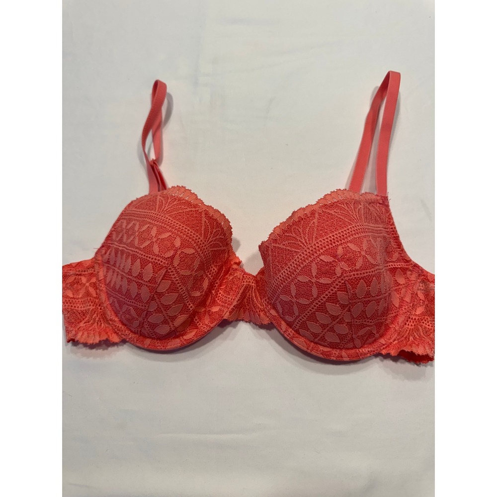 Etam Bra Floral Lace Underwire Padded Push Up 32B Coral Pink Excellent Condition